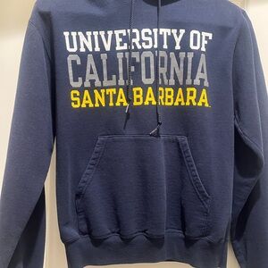 Champion Navy Pullover Hoodie with Gray and Yellow Text